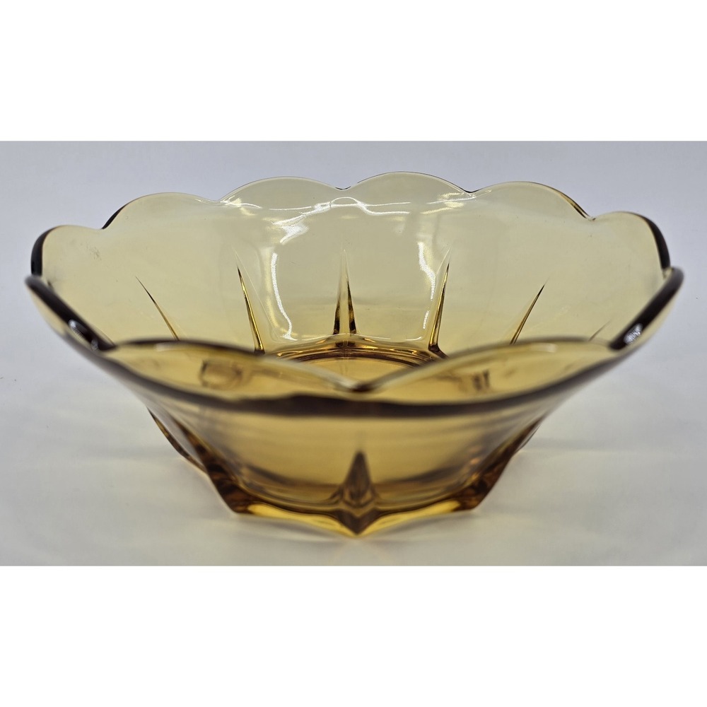 Vintage 70s Anchor Hocking Amber Glass Bowl Panel Slant Side Scalloped Rim 8x3"